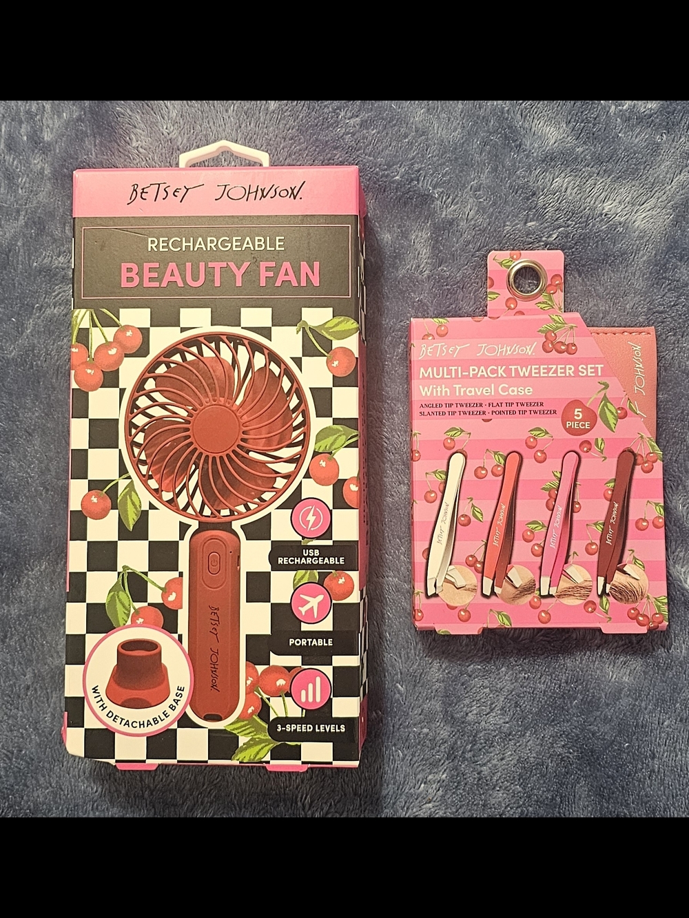 Betsey Johnson Rechargeable Beauty Fan + Tweezer Set With Travel Case